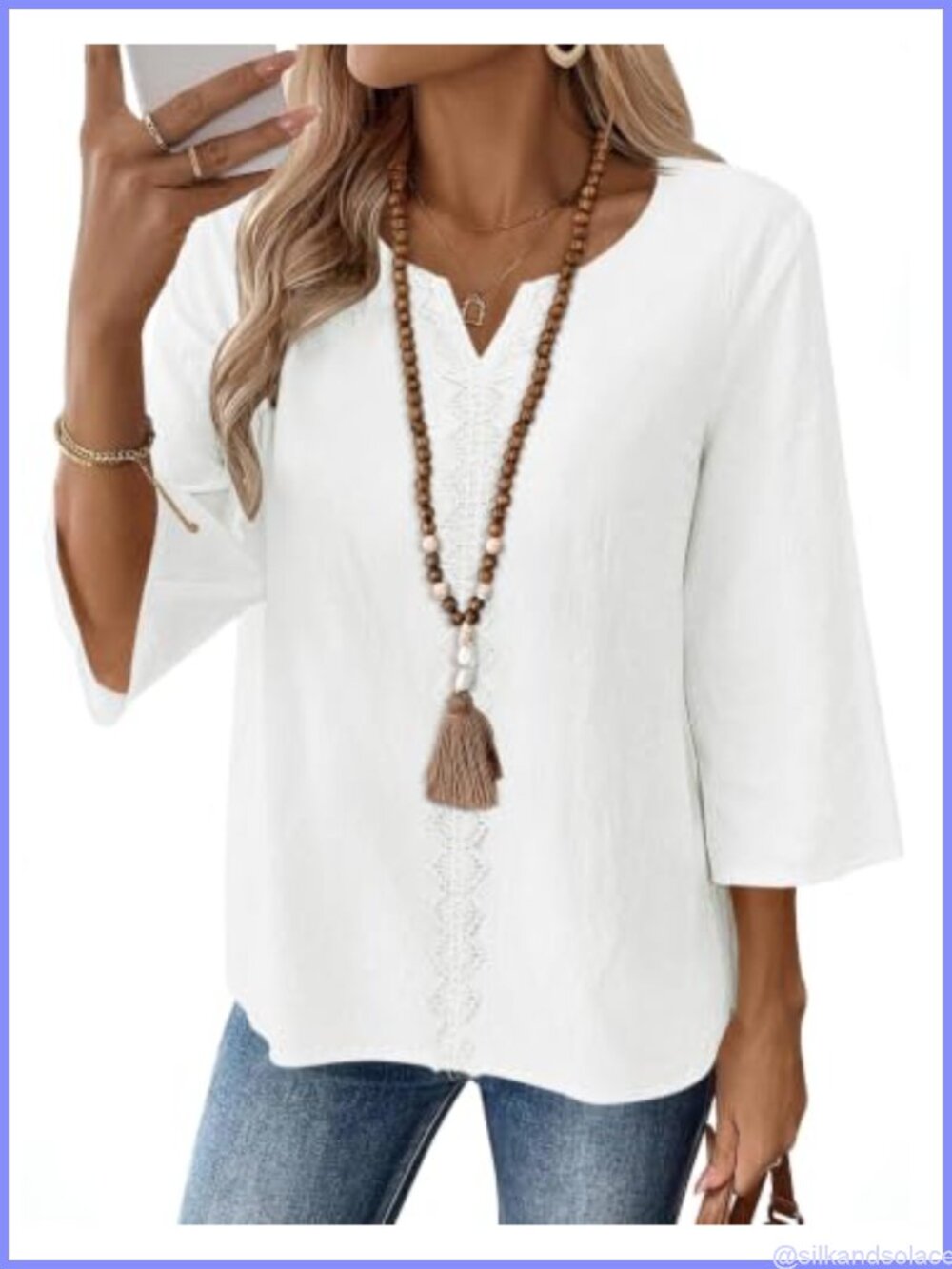 Womens 3/4 Sleeve Cotton Linen Tunic Top V-Neck Lace Front Boho Blouse